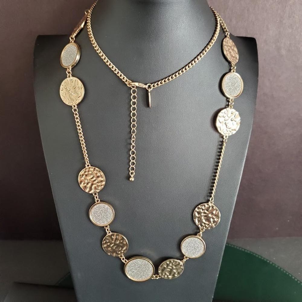 Natasha Long Statement Necklace Hammered Gold Tone and Silver‎ Tone Discs